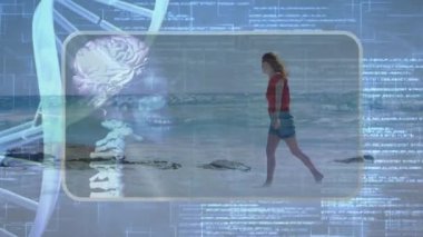 DNA ipliği ve ikili kodlama animasyonu sahilde yürüyen birinin üzerinde. Teknoloji, genetik, biyoteknoloji, dijital, yenilik, insan