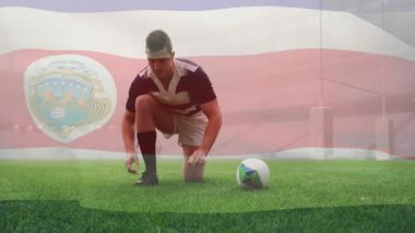 Rugby topunu tutuyor, Kosta Rika bayrağı animasyonu ile sahada. Spor, atlet, yarışma, takım çalışması, ulusal, afiş