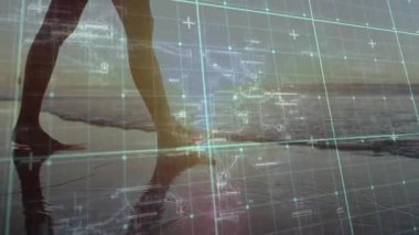 Gün batımında okyanus manzarası üzerinde şebeke ve dijital çizimler. Gelecek, teknoloji, yenilik, ağ, bağlantı, üst üste bindirme