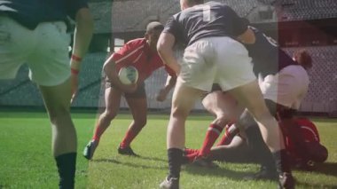 Yoğun bir şekilde rugby oynayan oyuncular, stadyumdaki yeşil sahada animasyonda oynuyorlar. Sporcu, spor, yarışma, takım çalışması, animasyon, atletik