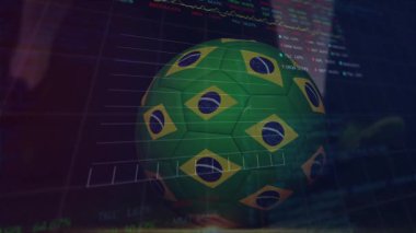 Brezilya temalı futbol topunu animasyon tarzında kaplayan finansal veriler ve grafikler. Ekonomi, finans, yatırım, analitik, futbol, spor