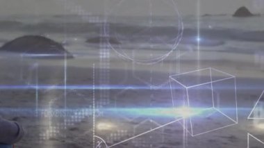 Sahilde oturan kadın geometrik şekiller ve denklemlerle animasyonu örtüyor. Matematik, geometri, bilim, soyut