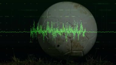 Futbol topunu çimlerin üzerinde kaplayan dijital ses dalgasının animasyonu. Teknoloji, ses dalgası, ses, spor, futbol