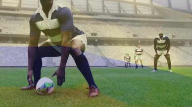 Animasyon sırasında takım arkadaşlarıyla top pasına hazırlanan rugby oyuncusu. Spor, takım çalışması, rekabet, atlet, strateji, dinamik