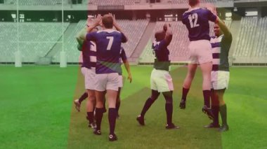 Sahada kutlama yapan rugby oyuncuları renkli animasyonlarıyla stadyumda. Spor, takım çalışması, zafer, rekabet, kutlama, sporcular
