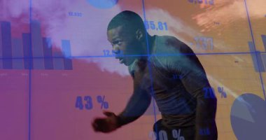 Finansal verileri ve grafik animasyonlarıyla koşan sporcu arka planda yer alıyor. Finans, iş, teknoloji, yatırım, analitik, performans