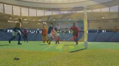 Rugby oyuncuları sahada, stadyumda Ekvador bayrağı animasyonları üst üste biniyor. Spor, rekabet, takım çalışması, atletizm, arena, birlik