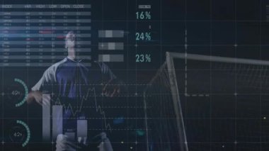 Futbol oynamak, veri analizi animasyonu ve dünya haritası kaplaması yapan bir sporcu. Spor, atletizm, teknoloji, küresel, yenilik, performans