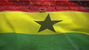 Animasyon arka planında yeşil çimlerle stadyumun üzerinde Gana bayrağı sallıyordu. Futbol, kutlama, vatanseverlik, spor, ulusal gurur, şampiyonluk