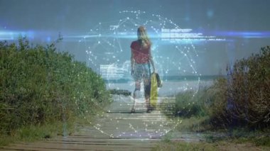 Dijital ağ animasyonu ile sahil yolunda yürüyen kişi. Teknoloji, tatil, iletişim, deniz kenarı, yenilik, yaz