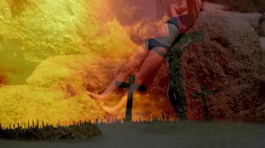 Sahilde, mayo giyen, siluetli haçlı ve canlı animasyonlu biri. Tatil, dinlenme, yaz, seyahat, deniz kenarı, tatil