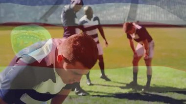 Kosta Rika bayrağı animasyon kaplamalı ragbi oyuncuları sahada dinleniyor. Takım çalışması, sportmenlik, zafer, birlik, rekabet, sporcular