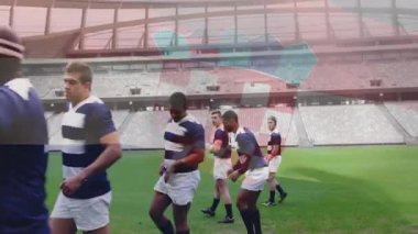 Antrenman antrenmanı, büyük stadyum animasyonunda yeşil sahada ragbi oyuncuları. Spor, takım, antrenman, egzersiz, rekabet, atletizm