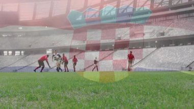 Rugby oyuncuları stadyum ve bayrak animasyonlarıyla sahada koşuyorlar. Spor, takım, yarışma, atlet, şampiyonluk, maç