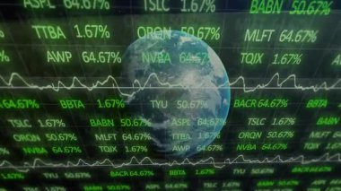 Dünya, değişen borsa verileri ve finansal grafiklerle çevrili. Finans, yatırım, veri görselleştirme, küresel ekonomi, analitik, teknoloji