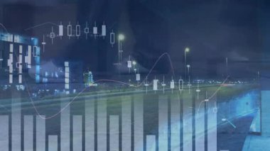 Şehirdeki finansal veri tablolarını bulanık trafik ışıkları animasyonuyla örtüyorum. Maliye, ekonomi, iş, analitik, kentsel, metropol