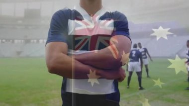 Sahada kendine güvenen, Avustralya bayrağı animasyonu ile ragbi oyuncusu. Sporcu, rekabet, sportmenlik, milliyet, takım çalışması, güç