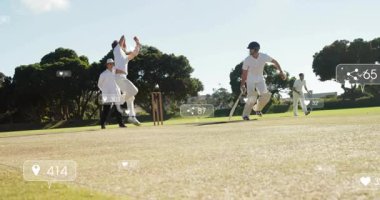 Kriket oyuncuları sosyal medya etkileşim ikonlarının animasyonuyla hareket halindeler. Spor, takım çalışması, yarışma, atlet, animasyon, nişan