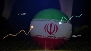 İran futbol topu animasyonunda dalgalanan finansal grafik üst üste bindi. Ekonomi, finans, veri, analitik, spor, para birimi