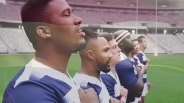 Sahada bir arada duran çeşitli ragbi takımı animasyonla birlik gösteriyor. Takım çalışması, spor, atletler, takım çalışması, çeşitlilik, güç