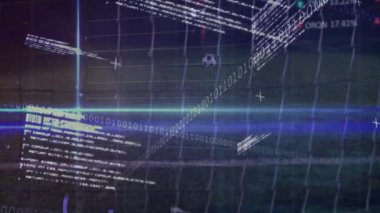 Futbol sahasını top ile kaplayan ikili kod ve veri grafiklerinin animasyonu. Dijital, teknoloji, siber güvenlik, yenilik, matris, sanal