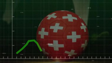 Beyaz haçlı kırmızı futbol topunun üzerinde yükselen yeşil finans grafiği animasyonu. Finans, büyüme, spor, ekonomi, yatırım, eğilim