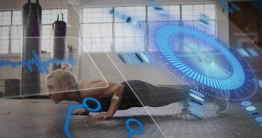 Beden eğitiminde dijital form verileriyle şınav çeken bir kadın animasyonu örtüyor. egzersiz, egzersiz, güç, atlet, sağlık, teknoloji