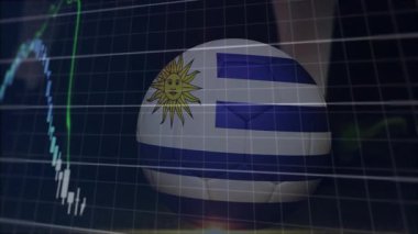 Borsa eğilimlerini gösteren finansal grafikli Uruguay bayrak futbol topu animasyonu. finans, ekonomi, büyüme, yatırım, futbol, tablo