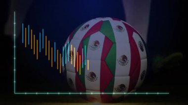 Koyu arkaplan üzerinde renkli grafik animasyonu olan futbol topu. Spor, analitik, teknoloji, dijital, veri görselleştirme, performans