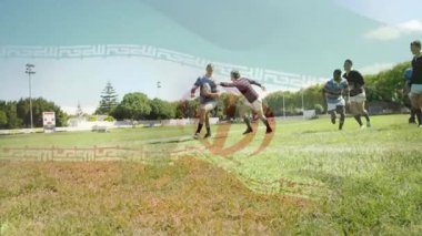 Sahada koşan, arka planda animasyon olan rugby oyuncuları. Spor, takım, yarışma, açık hava, spor, spor