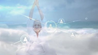 Sahilde meditasyon, dijital ağ bağlantıları olan yaşlı kişi animasyon. Rahatlama, meditasyon, sükunet, teknoloji, bağlantı, farkındalık