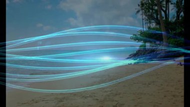 Mavi ışık, tropikal sahilde palmiye ağaçları ve okyanusla birlikte animasyon izler. dijital sanat, kıyı şeridi, görsel efektler, fütürist, gök mavisi, manzara