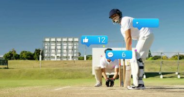 Sosyal medya bildirimleriyle sahadaki kriket oyuncuları animasyonu örtüyor. Spor, sporcular, teknoloji, bağlantı, etkileşim, iletişim