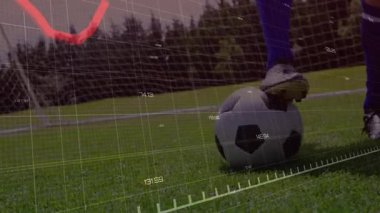 Çimenli sahada futbol topunu tekmelemek, finansal grafik animasyonu olan bir oyuncu. Spor, finans, teknoloji, analitik, dijital, büyüme