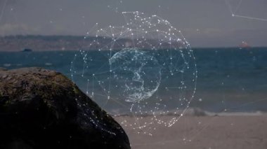 Sahil ve okyanus zemininde dünya şeklini oluşturan ağ bağlantılarının animasyonu. bağlantı, dijital, küresel, teknoloji, yenilik, veri