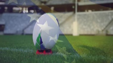 Animasyon yıldızları okul spor ortamında sahada ragbi topunu üst üste koyuyorlar. animasyon, atletizm, takım çalışması, eğlence, hobi