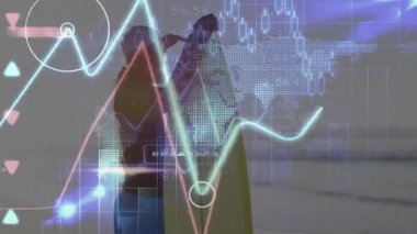 Dijital finansal veriler ve grafiklerle etkileşim, okulda animasyon kullanan kişi. Finans, teknoloji, veri analizi, eğitim, ekonomi, analiz