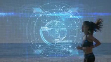 Sahilde koşmak, dijital animasyon silueti olan biri. Fitness, egzersiz, teknoloji, egzersiz, açık hava