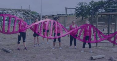 Açık havada egzersiz yapan, arka planda DNA dizilimi olan kadınlar. Sağlık, zindelik, teknoloji, genetik, koşu, yenilik