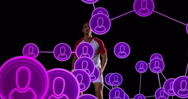 Futbol oynuyor, mor ağ ikonlarıyla atlet animasyon sahnesini örtüyor. Spor, futbol, teknoloji, fütürist, dijital, bağlantı