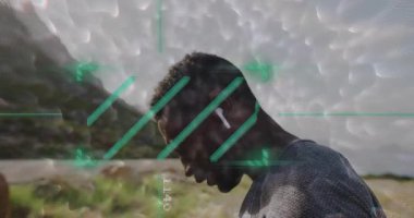 Animasyon kullanarak, insan dışarıdaki dijital arayüz elemanlarıyla etkileşime geçiyor. Teknoloji, fütüristik, yenilik, dokunmatik ekran, sanal, etkileşimli