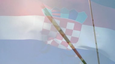 Mavi arka plan üzerinde rugby topu animasyonuyla dalgalanan Hırvat bayrağı. spor, vatanseverlik, ulusal, açık hava, takım çalışması, rekabet