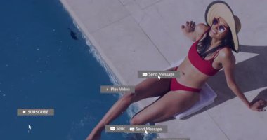 Bilardoda dinlenen kırmızı bikinili kadın bilgilendirme animasyonu alıyor. Tatil, gevşeme, tropikal, boş zaman, teknoloji, yaz mevsimi