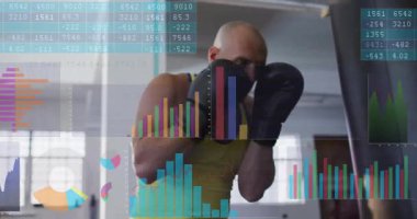 Veri analizi animasyonuyla boksör eğitimi egzersiz performans ölçümlerini örtüyor. Boks, teknoloji, fitness, atlet, yenilik