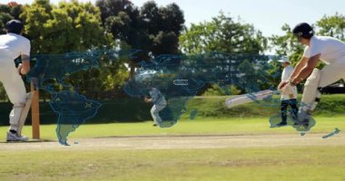 Kriket oyuncuları dünya haritası veri animasyonu ile sahada oynuyorlar. takım çalışması, spor, teknoloji, yenilik, analitik