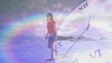 Sahilde yürümek, saat yüzlü bir kadın ve gökkuşağı animasyon efekti. sürreal, soyut, zaman, yaratıcılık, rüya gibi, fantezi