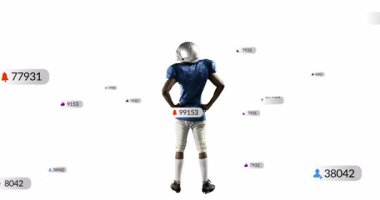 Futbolcuyu beyaz arka planda numaraların ve sembollerin animasyonuyla kutlamak. Futbol, şampiyon, dijital, kutlama, atlet, zafer