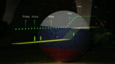Finansal veri tabloları ve dijital animasyondaki grafikler üzerinde futbol topu. Finans, spor, analitik, ekonomi, yatırım, istatistik