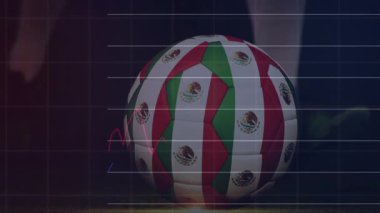 Meksika bayraklı futbol topu finans piyasası eğilimlerinin animasyonu üzerinde. Finans, yatırım, ekonomi, büyüme, istatistik, para birimi