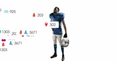 Mavi üniformalı futbolcu sosyal medya ikonlarının animasyonuyla meşgul. Spor, teknoloji, bağlantı, atlet, dijital, etkileşim